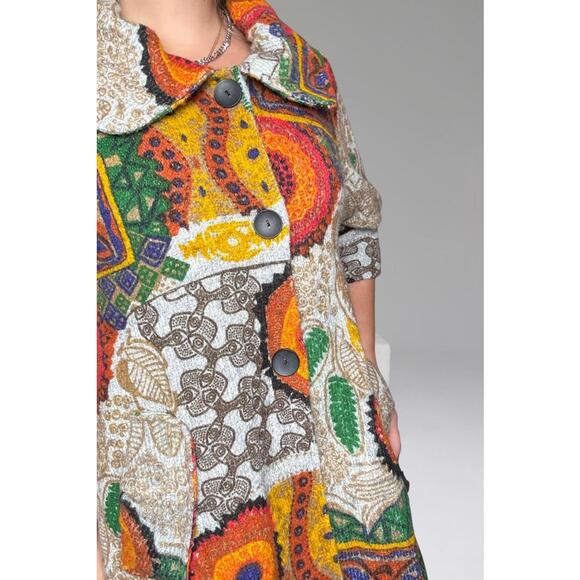 Vintage Multicolour Patterned Wool Coat - mini dress with collar funky size M - Picture 2 of 7
